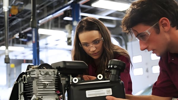 Eine Frau und ein Mann untersuchen ein technisches Gerät in einer Werkstatt im Poudre School District.