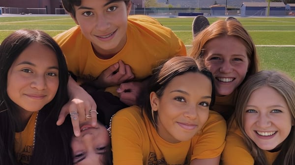 Eine Gruppe Schülerinnen und Schüler in gelben Shirts steht gemeinsam auf einem Sportfeld des Prescott Unified School District.