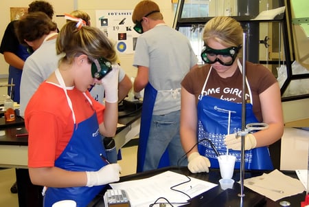 Eine Gruppe von Schülern der Presentation Secondary School Thurles versammelt sich im Klassenraum mit verschiedenen Gerätschaften im Hintergrund.