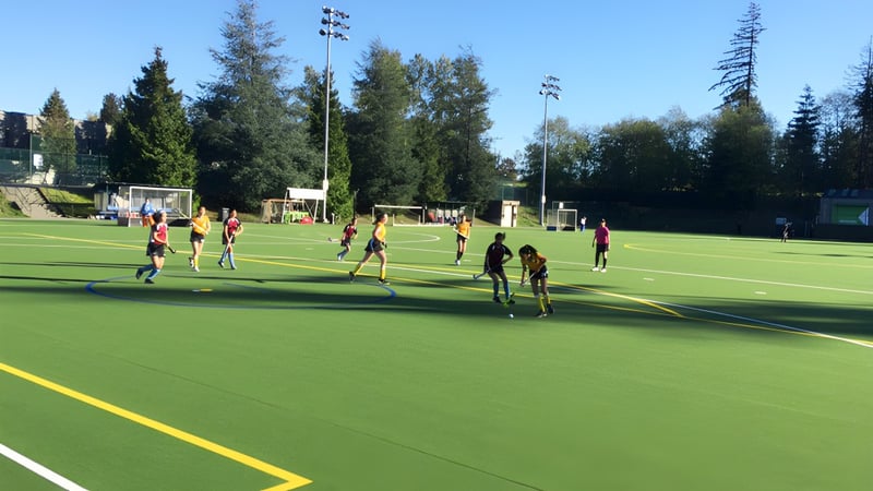 Schüler der Prince of Wales Secondary School spielen Fußball auf dem Kunstrasenplatz mit Bäumen und Gebäuden im Hintergrund.