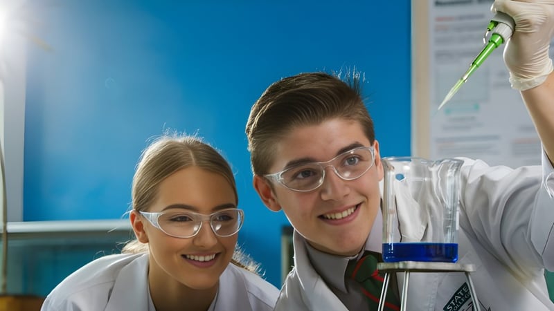 Zwei Schülerinnen und Schüler des Prior Park College tragen Laborkittel und Schutzbrillen im Labor und schauen in die Kamera.