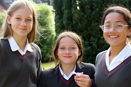 Drei Schülerinnen stehen auf dem Außengelände der Prior’s Field School vor Bäumen und Grünflächen.