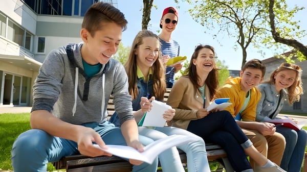 Eine Gruppe von Schülerinnen und Schülern sitzt auf einer Bank und unterhält sich auf dem Campus der Provo City School District.