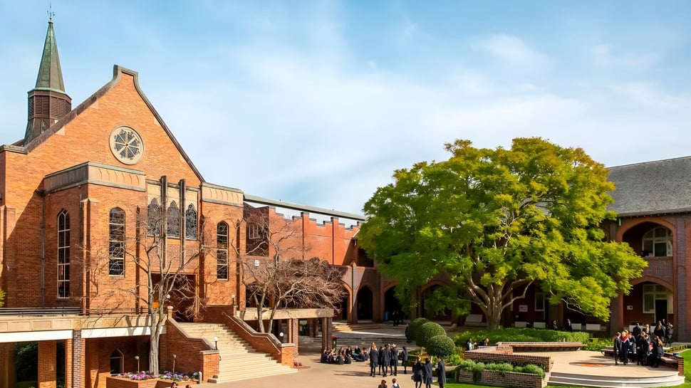 Ein Backsteingebäude mit hohem Turm auf dem Campus des Pymble Ladies College umgeben von Grünflächen und einem Gehweg mit Spaziergängern.