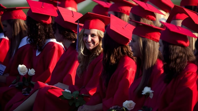 Eine Gruppe von Absolventinnen und Absolventen der Quad Cities Christian School steht in roten Talaren mit Blumen vor grünem Hintergrund.