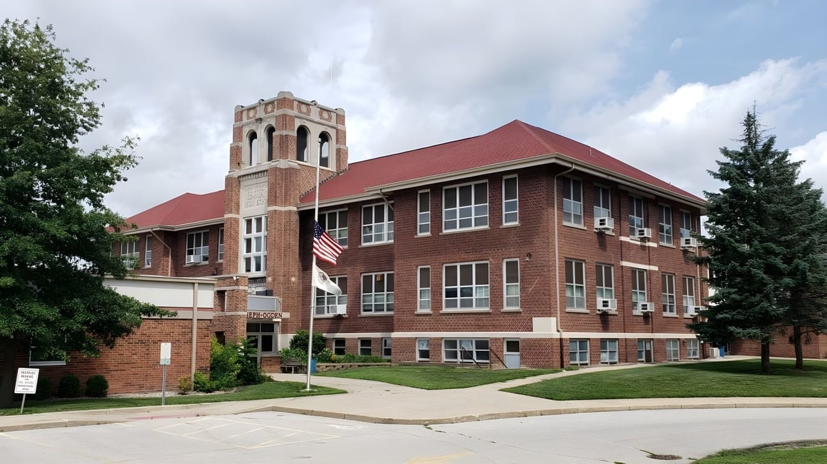 Das Backsteingebäude mit einem hohen Uhrenturm auf dem Campus der Quad Cities Christian School umgeben von Bäumen und einer amerikanischen Flagge.
