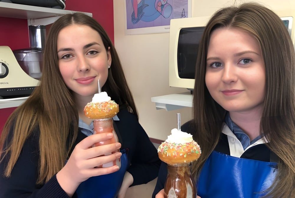 Zwei Schülerinnen der Queechy High School halten Eis in einer Küche mit bunter Dekoration.