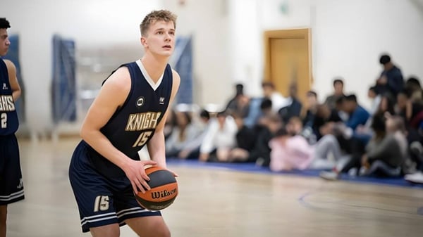 Ein Basketballspieler der Queen Ethelburga’s Collegiate steht auf dem Basketballfeld vor einer Zuschauertribüne.