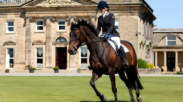 Eine Person in formeller Reitkleidung reitet ein kastanienbraunes Pferd auf einem grasbewachsenen Feld vor einem historischen Gebäude auf dem Gelände der Queen Mary's School.