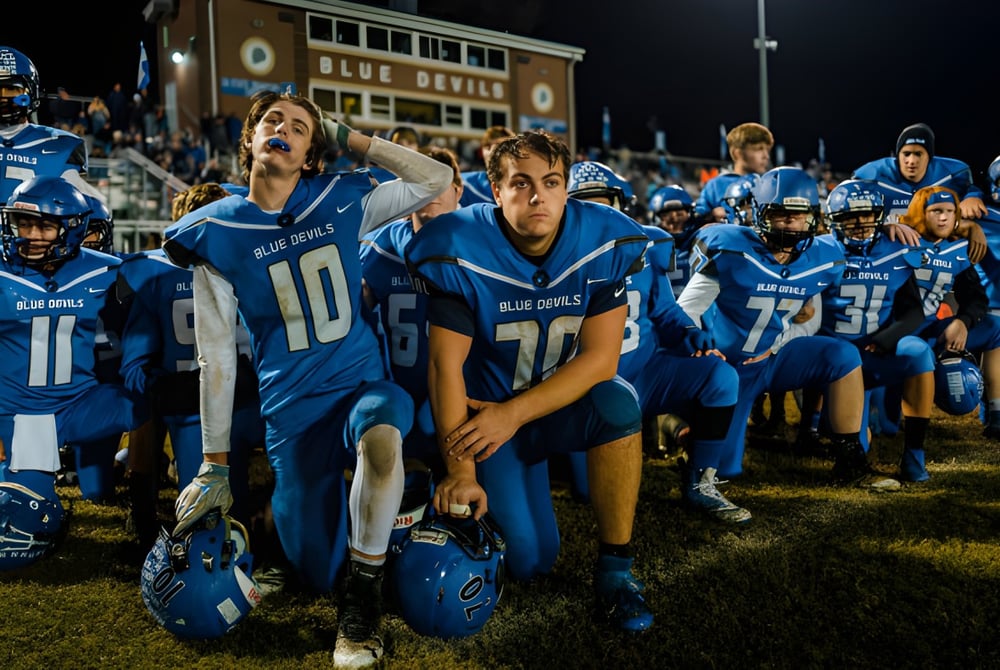 Eine Gruppe von Footballspielern in blauer Uniform steht auf dem Spielfeld der Queensbury Union Free School District bei Nacht.