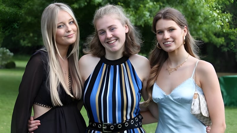 Drei Schülerinnen mit langen blonden Haaren stehen gemeinsam im grünen Außenbereich der Queenswood School.