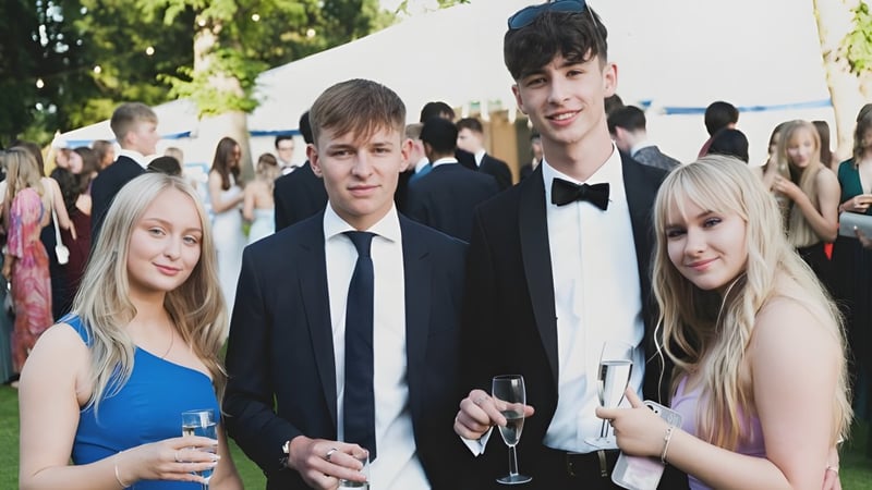 Eine Gruppe schüler des Ratcliffe College steht im Freien und hält teils Sektgläser in der Hand.