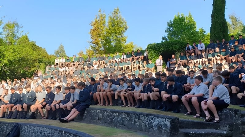 Eine Gruppe Schüler sitzt auf einer Steinmauer unter Bäumen auf dem Campus des Rathkeale College bei klarem Himmel.
