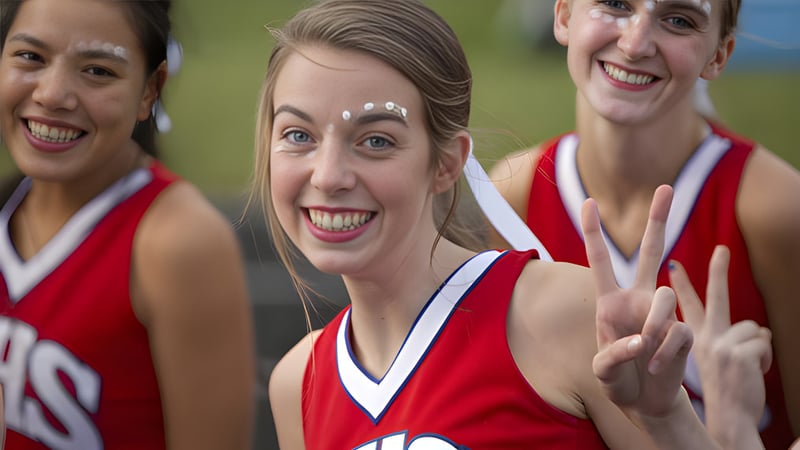 Drei Schülerinnen in roten Cheerleading-Uniformen machen auf dem Feld der Red Creek High School begeisterte Gesten.