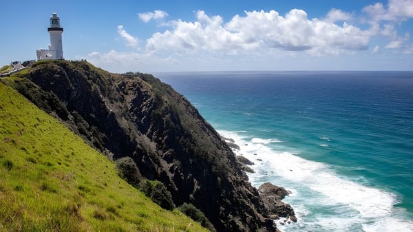 Ein Leuchtturm auf einem felsigen Kliff vor dem Meer auf dem Gelände des Redlynch State College.