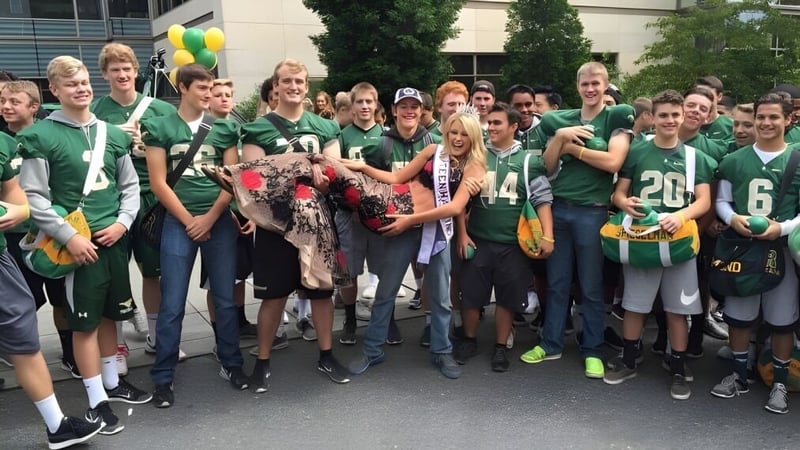 Schüler der Redmond High School versammeln sich vor einem Gebäude in grünen Sportuniformen mit Luftballons.