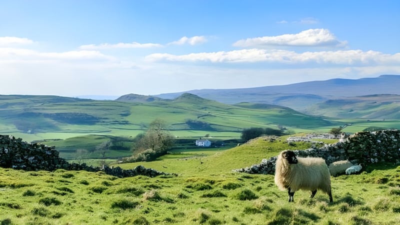 Eine ländliche Landschaft mit grünen Hügeln und einem Lama im Vordergrund auf dem Gelände der Repton School.