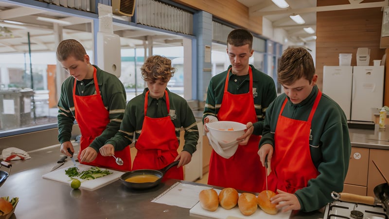 Vier Schüler des Reynella East College bereiten in einer gewerblichen Küche Essen zu.