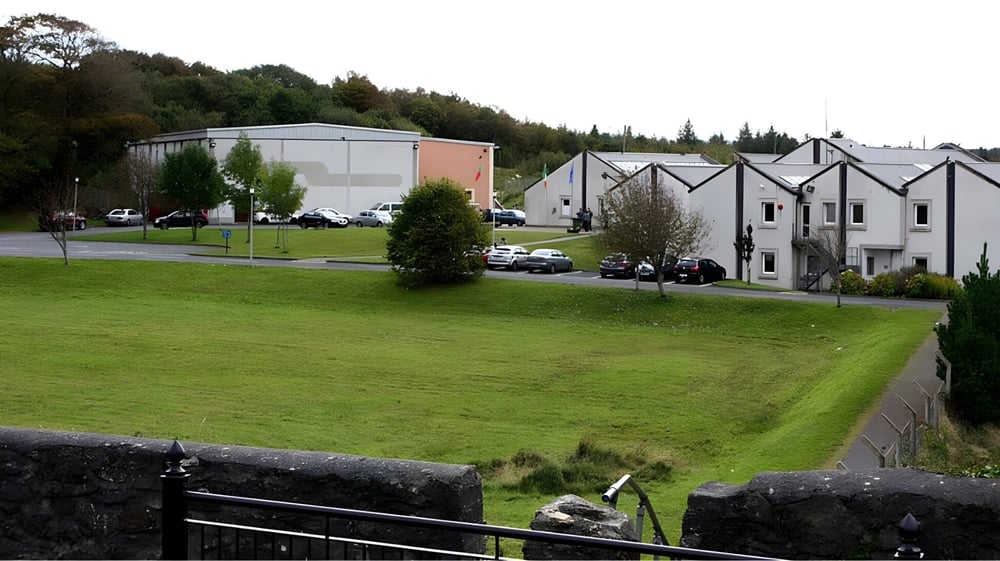Ein grünes Feld vor Wohngebäuden und einem größeren Industriegebäude auf dem Gelände des Rice College.