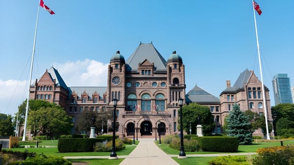 Das viktorianische Hauptgebäude des Ridley College mit Uhrenturm steht umgeben von gepflegten Gärten und kanadischen Flaggen.