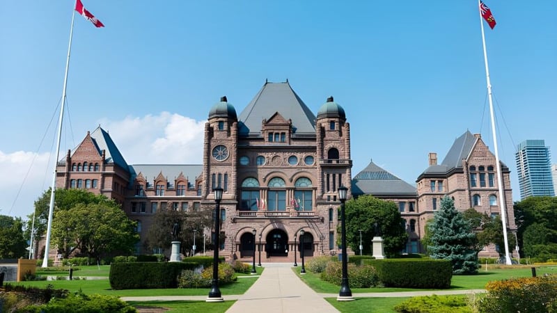 Das viktorianische Hauptgebäude des Ridley College mit Uhrenturm steht umgeben von gepflegten Gärten und kanadischen Flaggen.