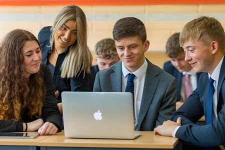 Eine Gruppe von Schülerinnen und Schülern der Rishworth School arbeitet gemeinsam an einem Laptop in einem Klassenraum.
