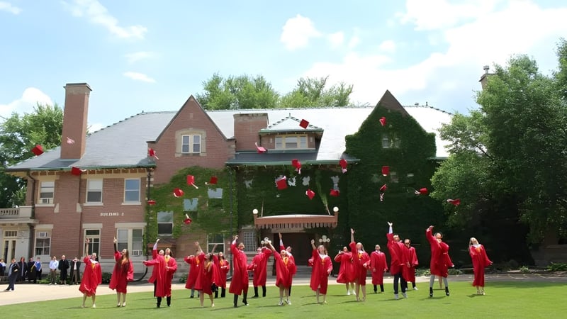 Eine Gruppe von Personen in roten Roben steht auf einer Wiese vor einem Backsteingebäude auf dem Campus der Rivermont Collegiate.