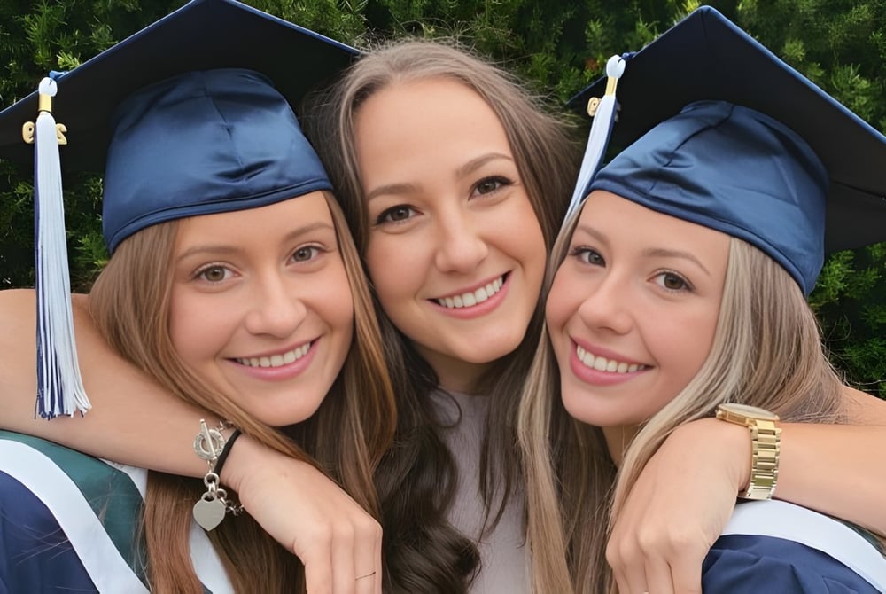 Drei Absolventinnen der Riverside Secondary School stehen lächelnd in ihren Abschlussroben vor einem Hintergrund aus Bäumen.