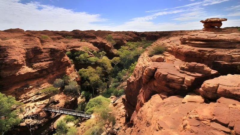 Blick auf eine zerklüftete Canyonlandschaft mit roten Felsformationen nahe der Rochedale State High School.