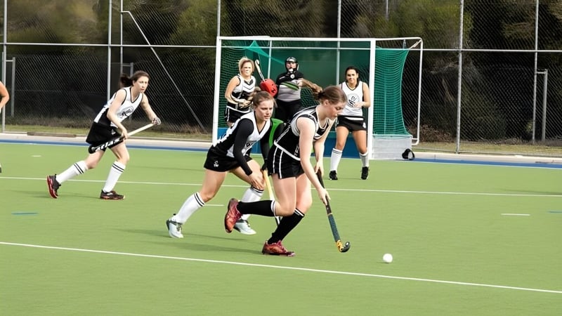 Schüler der Rockford Manor School spielen ein Feldhockeyspiel auf dem Kunstrasenplatz.