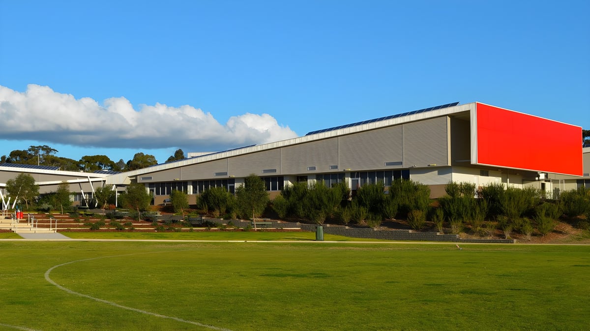 Das moderne Hauptgebäude des Roma Mitchell Secondary College steht vor einer Wiese mit Bäumen unter blauem Himmel.