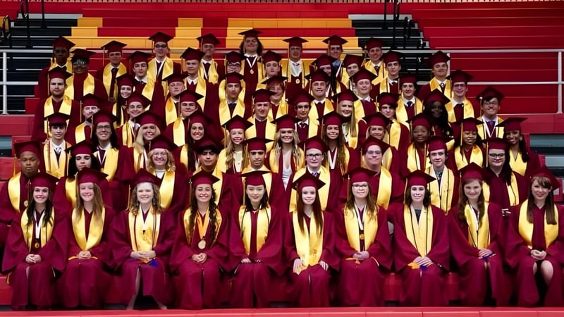Schüler der Roncalli Catholic High School stehen in roten und goldenen Roben gemeinsam auf einer Bühne bei der Abschlussfeier.