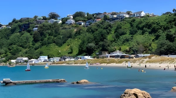 Blick auf eine Küstenstadt mit Segelbooten und Schwimmern im Wasser nahe dem Rongotai College.