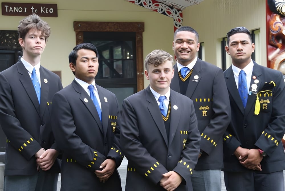 Eine Gruppe von Schülern in formeller Kleidung steht vor dem Gebäude des Rongotai College mit dem Schriftzug Tango to Kio.