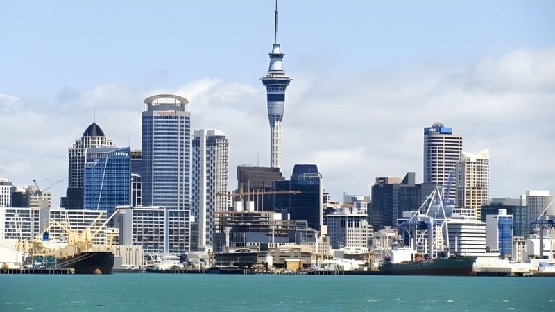Der Blick auf eine Stadt mit Wolkenkratzern und Hafen unter klarem Himmel in der Nähe des Rosmini College.