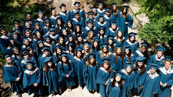Eine große Gruppe Absolventen der Ross School steht in blauen Talaren und Hüten im Freien vor Bäumen und Grünflächen.