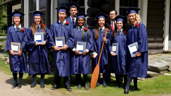 Eine Gruppe von Absolventinnen und Absolventen in blauen Talaren hält ihre Diplome vor einem Holzgebäude auf dem Campus des Rosseau Lake College.