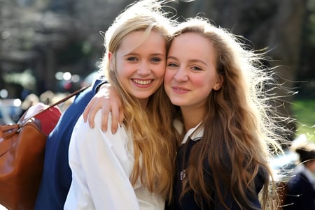 Zwei Schülerinnen der Royal High School umarmen sich und lächeln in einem Außenbereich mit Bäumen und Gebäuden.