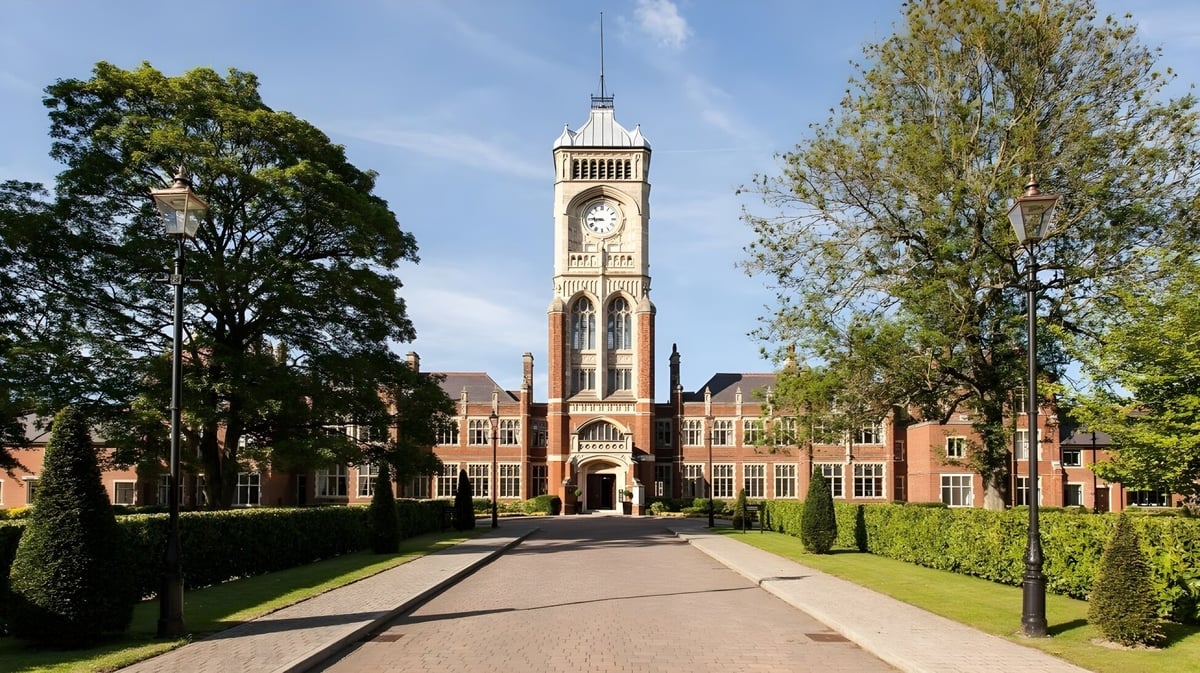 Das historische Hauptgebäude der Royal Masonic School for Girls mit einem hohen Uhrenturm auf dem gepflegten Campus ist zu sehen.