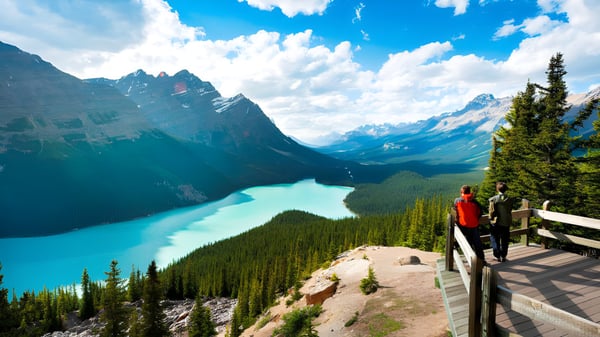 Eine Person steht auf einem Holzsteg und blickt auf den türkisfarbenen See vor den Bergen auf dem Gelände der Rutland Senior Secondary School.