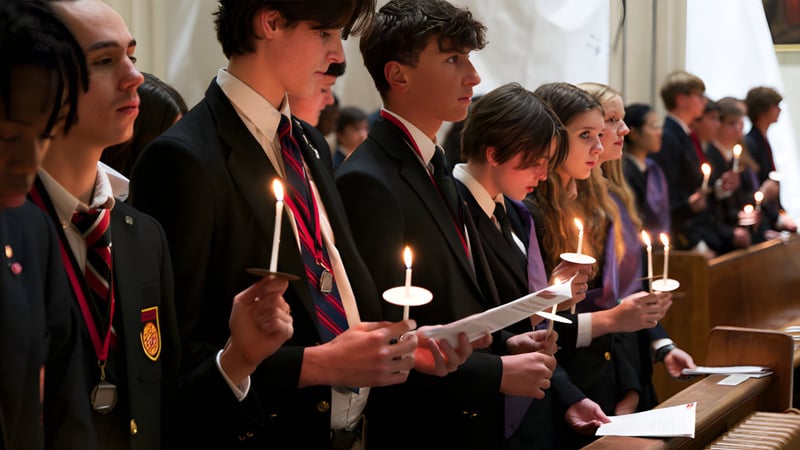 Schüler der Sacred Heart School of Halifax halten in einer Zeremonie brennende Kerzen.