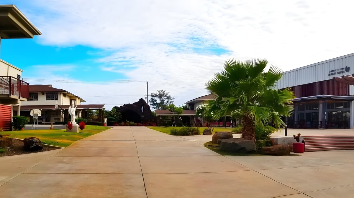 Eine gepflasterte Promenade mit Palmen führt durch den Außenbereich der Sacred Hearts Academy unter klarem blauem Himmel.