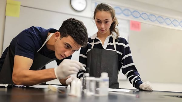 Zwei Schülerinnen und Schüler der Saint Andrews School arbeiten gemeinsam an einem Tisch im Laborraum.