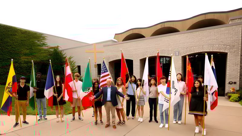 Eine Gruppe von Menschen mit Nationalflaggen steht vor einem Gebäude auf dem Campus der Saint John‘s Prep.