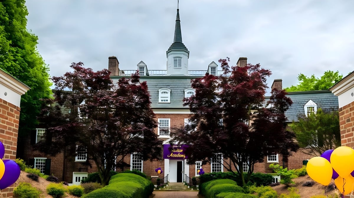 Das historische Backsteingebäude mit einem hohen, verzierten Turm steht auf dem Campus der Salem Academy, umgeben von grüner Natur und bunten Luftballons.