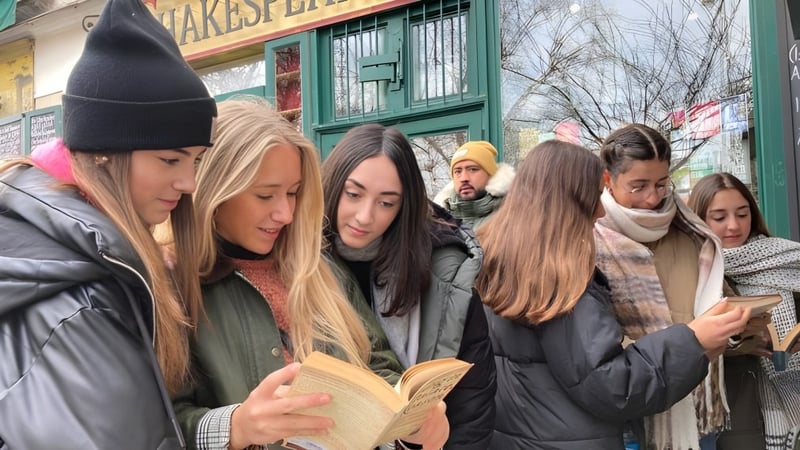 Eine Gruppe von Schülerinnen und Schülern der San Vicente de Paul School steht draußen vor einem Laden, einige lesen Bücher, andere nutzen mobile Geräte.