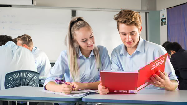Zwei Schüler arbeiten gemeinsam an einem Projekt in einem Klassenraum des Sancta Maria College.