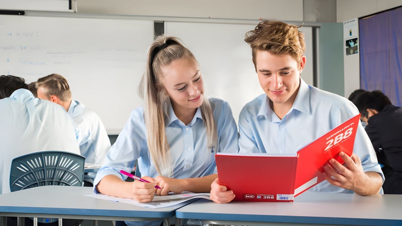 Zwei Schüler arbeiten gemeinsam an einem Projekt in einem Klassenraum des Sancta Maria College.