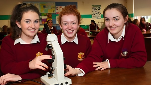 Drei Schülerinnen im Schuluniform stehen zusammen und lächeln in einem Klassenraum des Sancta Maria College Ballyroan.