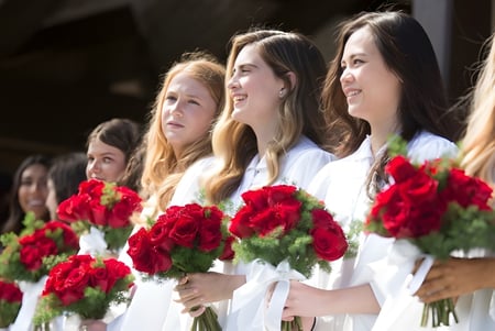 Eine Gruppe junger Frauen in weißen Kleidern hält rote Rosen vor dunklem Hintergrund auf dem Gelände der Santa Catalina School.
